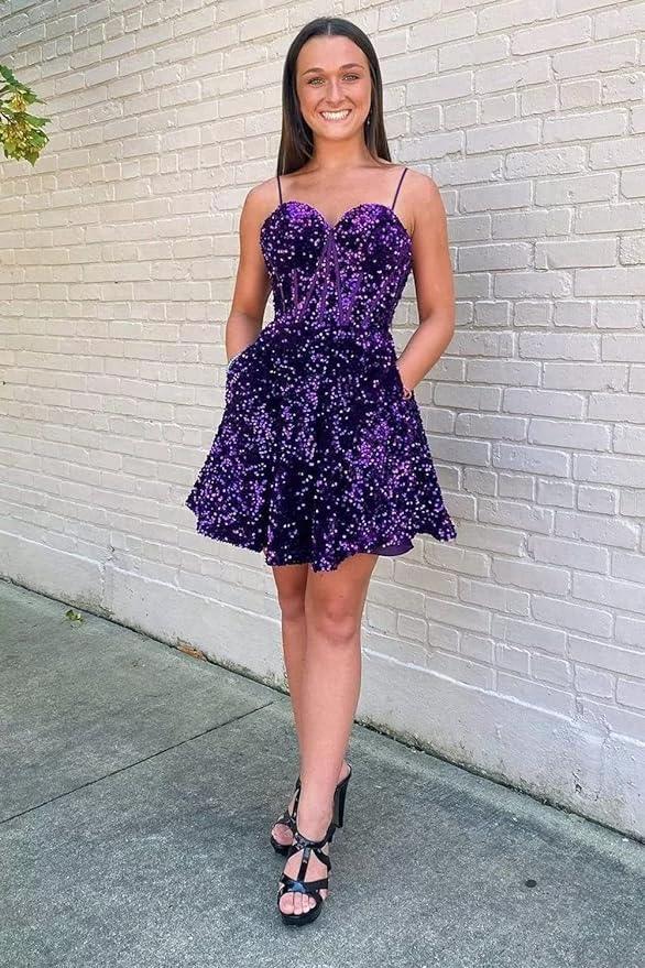A line spaghetti strap prom dress short prom dresses sequin SYH94 by vivymakudress