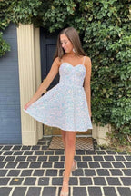 A line spaghetti strap prom dress short prom dresses sequin SYH94 by vivymakudress