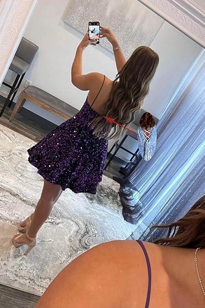 A line spaghetti strap prom dress short prom dresses sequin SYH94 by vivymakudress