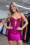 Sparkly Strapless Beaded Appliques Fuchsia Homecoming Dress PD548 by pgmdress