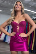 Sparkly Strapless Beaded Appliques Fuchsia Homecoming Dress PD548 by pgmdress