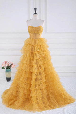 Vestido de fiesta dorado con volantes escalonados brillantes y sin tirantes (PSK569)