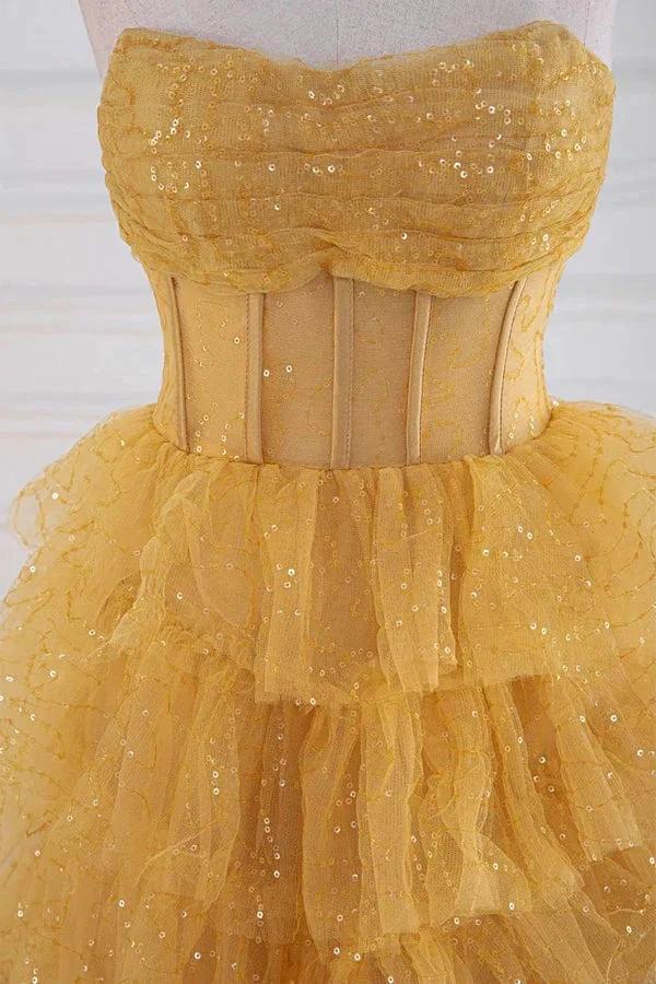Sparkly Tiered Ruffles Gold Prom Dress Strapless Evening Dress PSK569 by Pgmdress