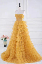Sparkly Tiered Ruffles Gold Prom Dress Strapless Evening Dress PSK569 by Pgmdress