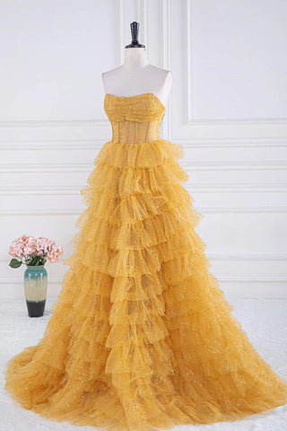 Vestido de fiesta dorado con volantes escalonados brillantes y sin tirantes (PSK569)