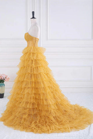 Vestido de fiesta dorado con volantes escalonados brillantes y sin tirantes (PSK569)