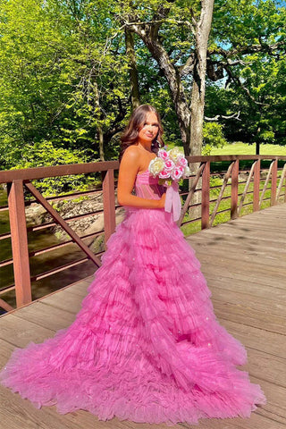 Vestido de fiesta dorado con volantes escalonados brillantes y sin tirantes (PSK569)