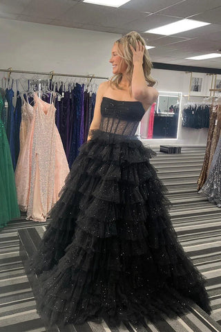 Vestido de fiesta dorado con volantes escalonados brillantes y sin tirantes (PSK569)