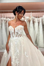 Split Front A-Line Tulle Lace Sweetheart Floor-Length Sleeveless Charming Wedding Dresses with Appliques by misshow.com