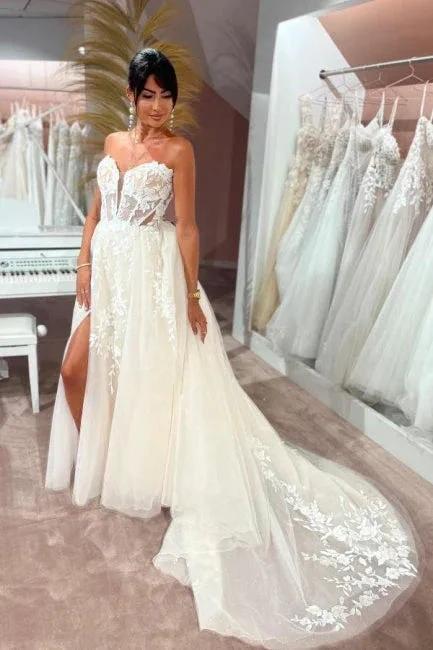 Split Front A-Line Tulle Lace Sweetheart Floor-Length Sleeveless Charming Wedding Dresses with Appliques by misshow.com
