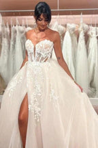 Split Front A-Line Tulle Lace Sweetheart Floor-Length Sleeveless Charming Wedding Dresses with Appliques by misshow.com
