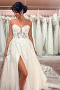 Split Front A-Line Tulle Lace Sweetheart Floor-Length Sleeveless Charming Wedding Dresses with Appliques by misshow.com