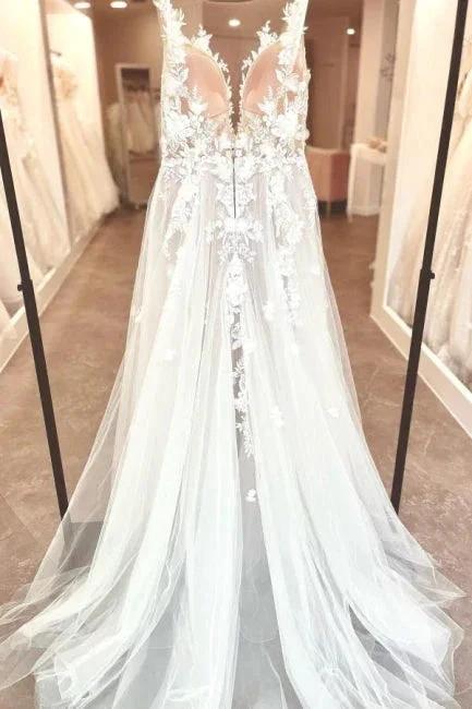 Split Front A-Line Tulle Sleeveless Spaghetti Straps Sweetheart Wedding Dresses with Appliques by misshow.com