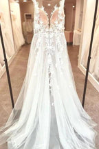 Split Front A-Line Tulle Sleeveless Spaghetti Straps Sweetheart Wedding Dresses with Appliques by misshow.com