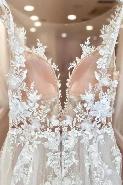 Split Front A-Line Tulle Sleeveless Spaghetti Straps Sweetheart Wedding Dresses with Appliques by misshow.com