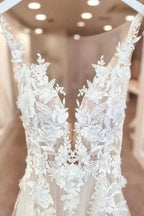Split Front A-Line Tulle Sleeveless Spaghetti Straps Sweetheart Wedding Dresses with Appliques by misshow.com