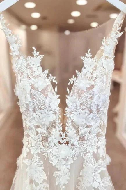 Split Front A-Line Tulle Sleeveless Spaghetti Straps Sweetheart Wedding Dresses with Appliques by misshow.com