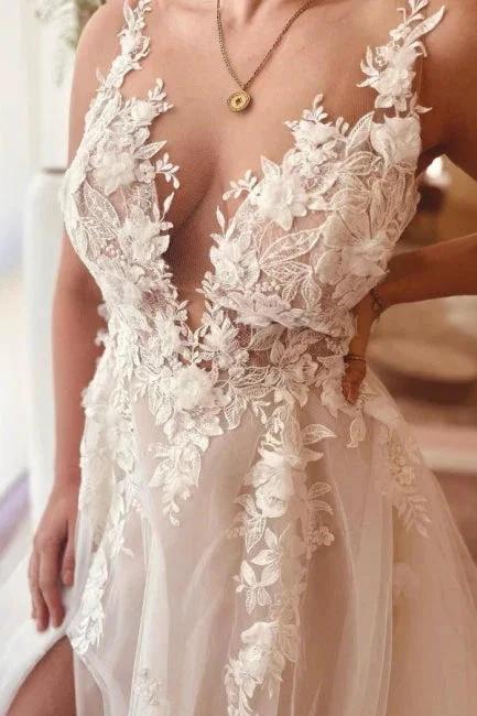 Split Front A-Line Tulle Sleeveless Spaghetti Straps Sweetheart Wedding Dresses with Appliques by misshow.com