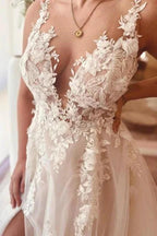 Split Front A-Line Tulle Sleeveless Spaghetti Straps Sweetheart Wedding Dresses with Appliques by misshow.com