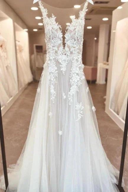 Split Front A-Line Tulle Sleeveless Spaghetti Straps Sweetheart Wedding Dresses with Appliques by misshow.com