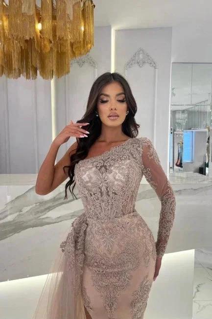 Split Front Column One Shoulder Tulle Long Sleeve Prom Dresses with Appliques by misshow.com