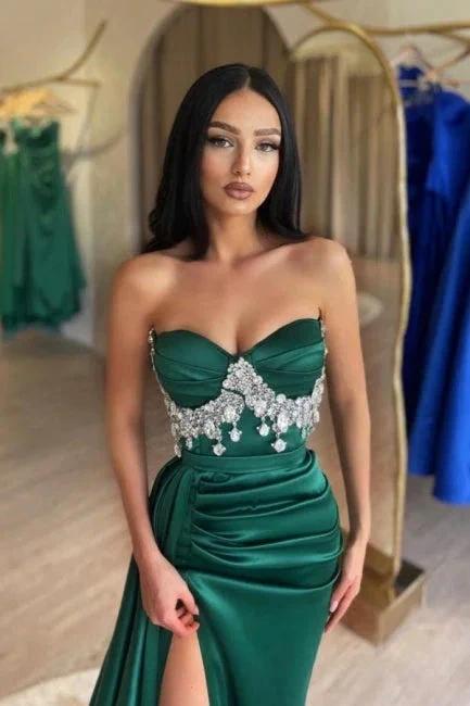 Split Front Dark Green Stain A-Line Sweetheart Sleeveless Prom Dresses with Beadings by misshow.com