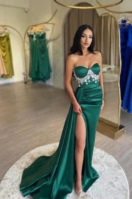 Split Front Dark Green Stain A-Line Sweetheart Sleeveless Prom Dresses with Beadings by misshow.com