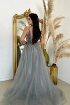 Split Front V-Neck A-Line Spaghetti Straps Floor-Length Tulle Sleeveless Prom Dress with Beadings by misshow.com