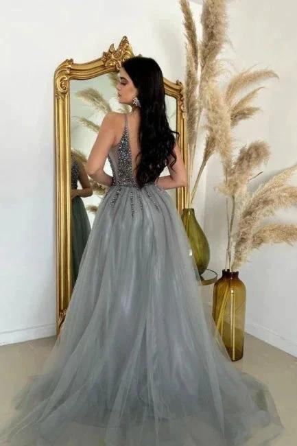 Split Front V-Neck A-Line Spaghetti Straps Floor-Length Tulle Sleeveless Prom Dress with Beadings by misshow.com