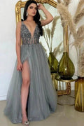 Split Front V-Neck A-Line Spaghetti Straps Floor-Length Tulle Sleeveless Prom Dress with Beadings by misshow.com