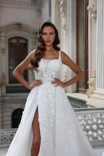 Square Neck High Split A-Line Stain Sleeveless Wedding Dress with Appliques by misshow.com