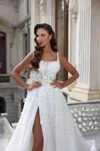 Square Neck High Split A-Line Stain Sleeveless Wedding Dress with Appliques by misshow.com