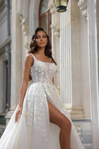 Square Neck High Split A-Line Stain Sleeveless Wedding Dress with Appliques by misshow.com