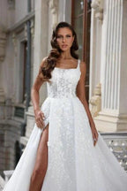 Square Neck High Split A-Line Stain Sleeveless Wedding Dress with Appliques by misshow.com