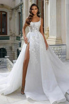 Square Neck High Split A-Line Stain Sleeveless Wedding Dress with Appliques by misshow.com