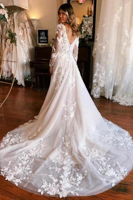 Square Neck Long Sleeves A-Line Lace Wedding Dress by misshow.com