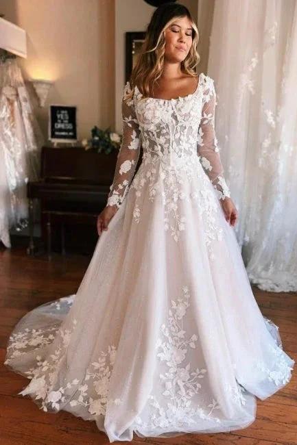 Square Neck Long Sleeves A-Line Lace Wedding Dress by misshow.com
