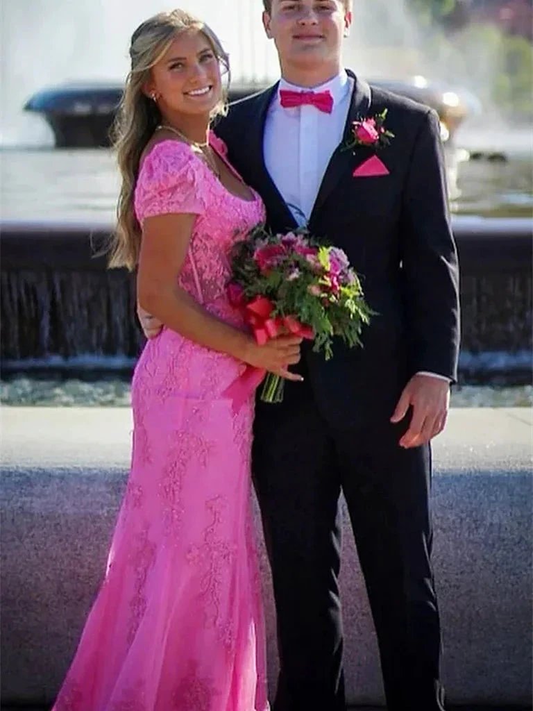 Theresa | Champagne Appliques Square Neck Puff Sleeves Long Prom Dress by KissProm