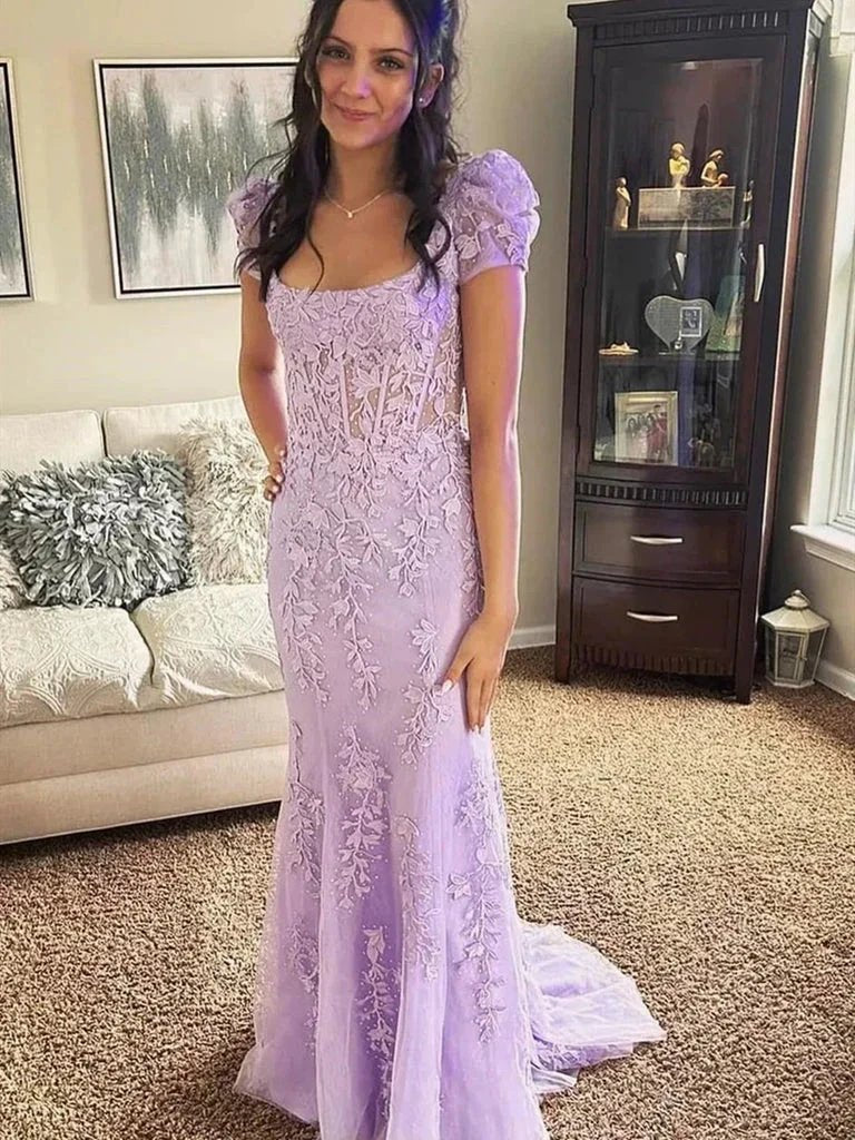 Theresa | Champagne Appliques Square Neck Puff Sleeves Long Prom Dress by KissProm