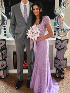Theresa | Champagne Appliques Square Neck Puff Sleeves Long Prom Dress by KissProm