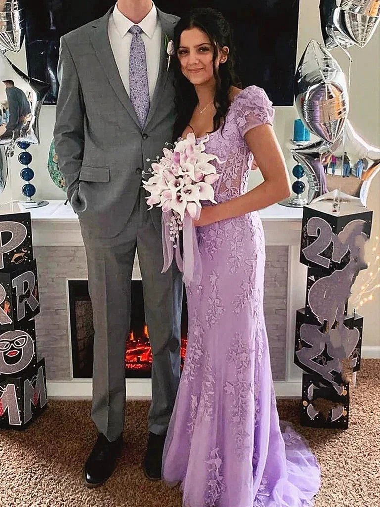 Theresa | Champagne Appliques Square Neck Puff Sleeves Long Prom Dress by KissProm