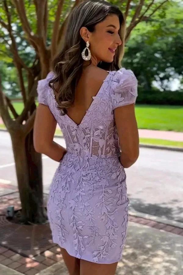 Square Neck Short Lilac Homecoming Dress With Appliques PD549 by pgmdress