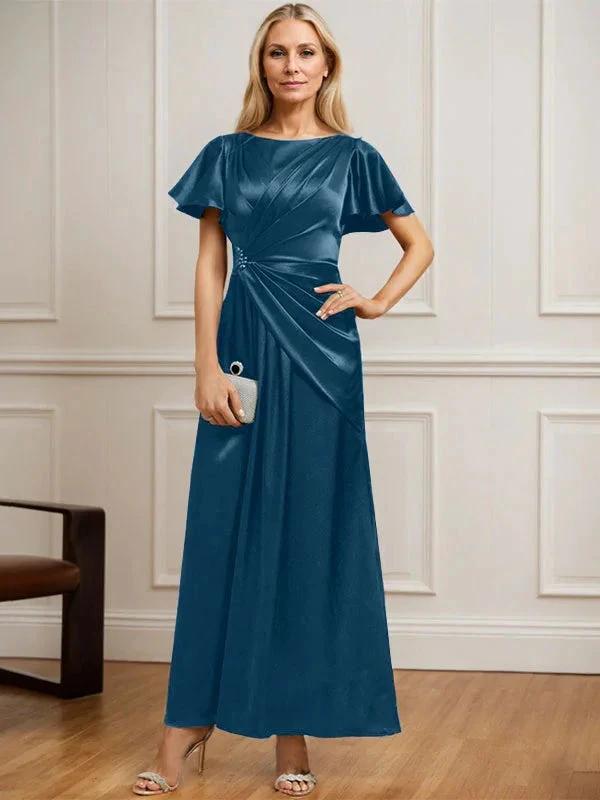 A-line Scoop Ankle-Length Stretch Satin Mother of the Bride Dress With Pleated Beading by Dreamylily