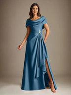 A-Line Scoop Floor-Length Stretch Satin Mother of the Bride Dress With Cascading Ruffles by Dreamylily