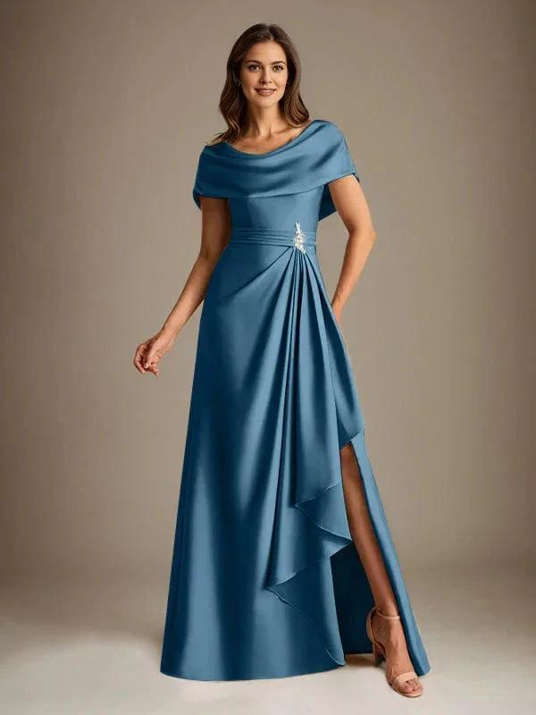 A-Line Scoop Floor-Length Stretch Satin Mother of the Bride Dress With Cascading Ruffles by Dreamylily