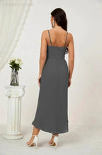 Numbersea Spaghetti Chiffon V Neck Bridesmaid Dress Mid-Length Slit Formal Prom Dress Homecoming Dress 2803 by numbersea
