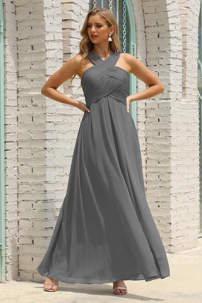 Vestido de dama de honor de gasa con cuello halter para mujer de Numbersea, corte A, largo, formal, para fiesta de graduación, SEA28015 