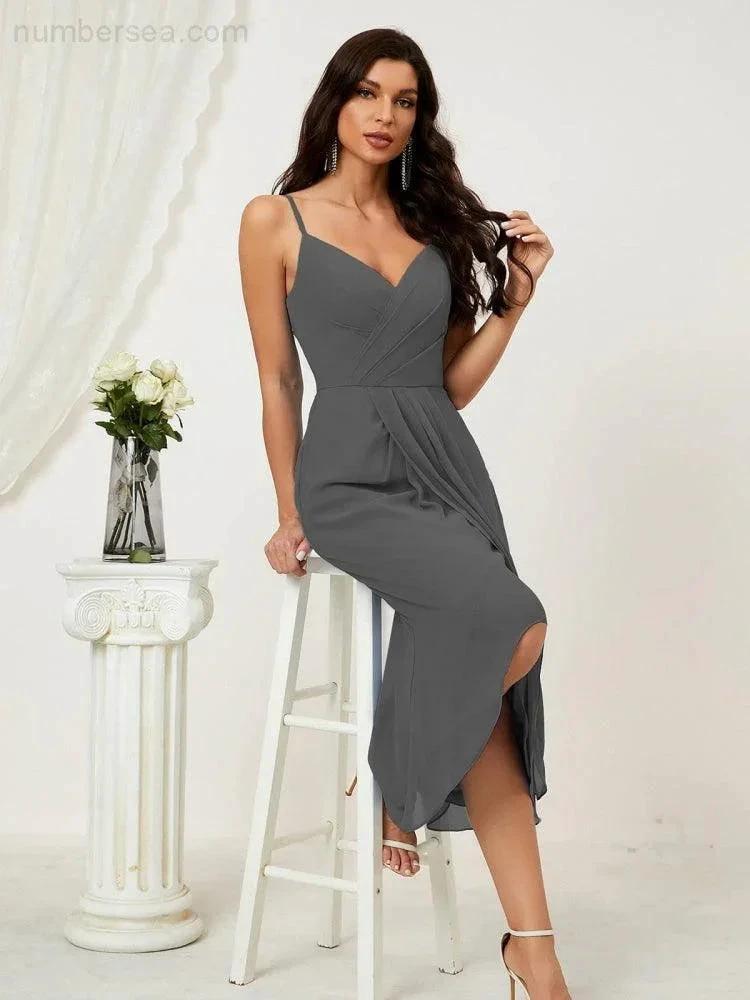 Numbersea Spaghetti Chiffon V Neck Bridesmaid Dress Mid-Length Slit Formal Prom Dress Homecoming Dress 2803 by numbersea