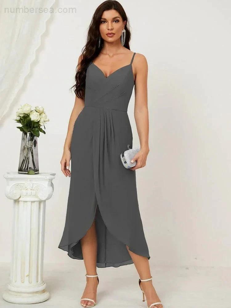Numbersea Spaghetti Chiffon V Neck Bridesmaid Dress Mid-Length Slit Formal Prom Dress Homecoming Dress 2803 by numbersea
