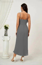 Numbersea Spaghetti Chiffon V Neck Bridesmaid Dress Mid-Length Slit Formal Prom Dress Homecoming Dress 2803 by numbersea